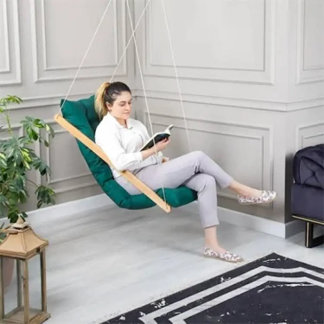 Bysay Ahşap Puf Minderli Salıncak Hamak. Ev Balkon Teras Bahçe Için (Krem)