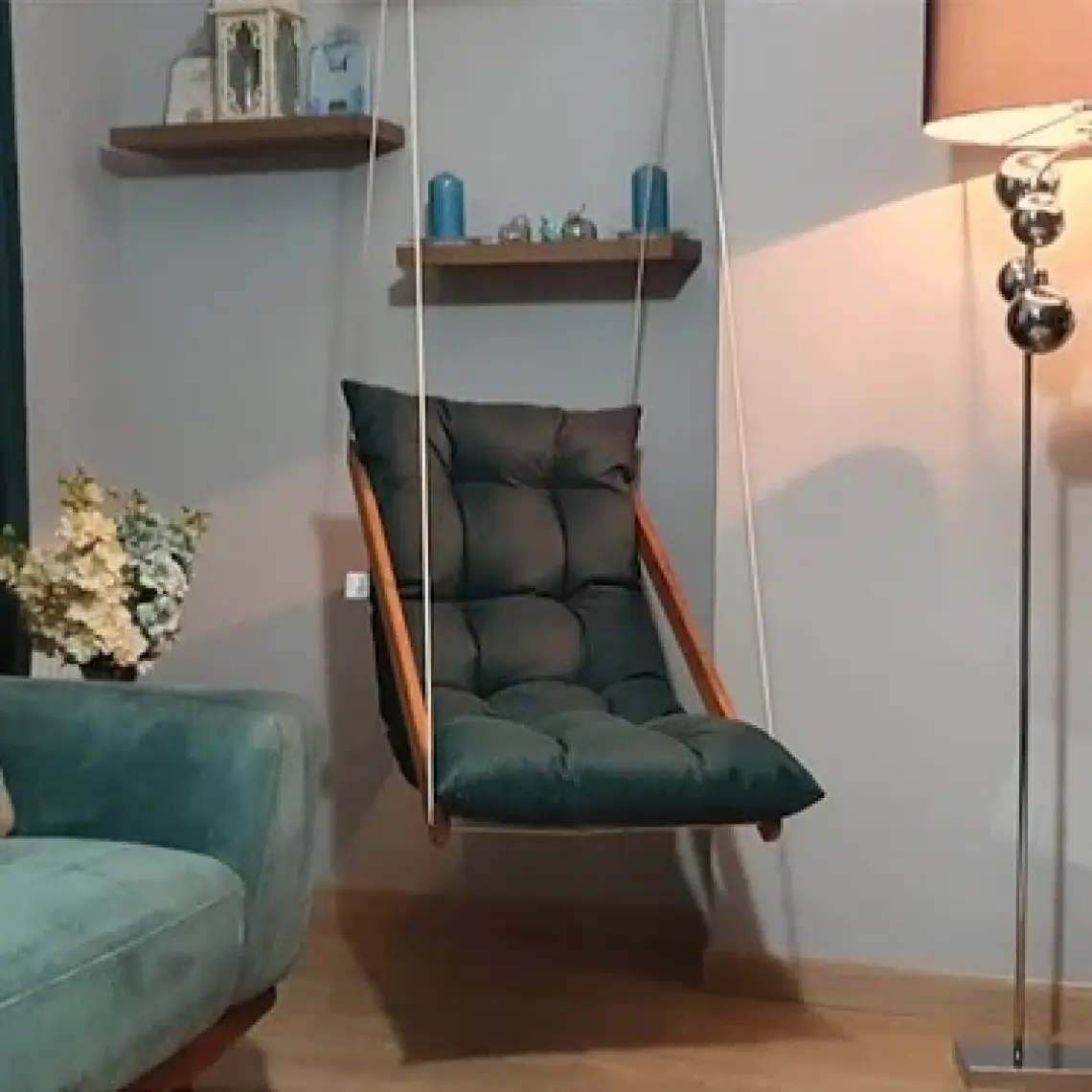 Bysay Ahşap Puf Minderli Salıncak Hamak. Ev Balkon Teras Bahçe Için (Krem)