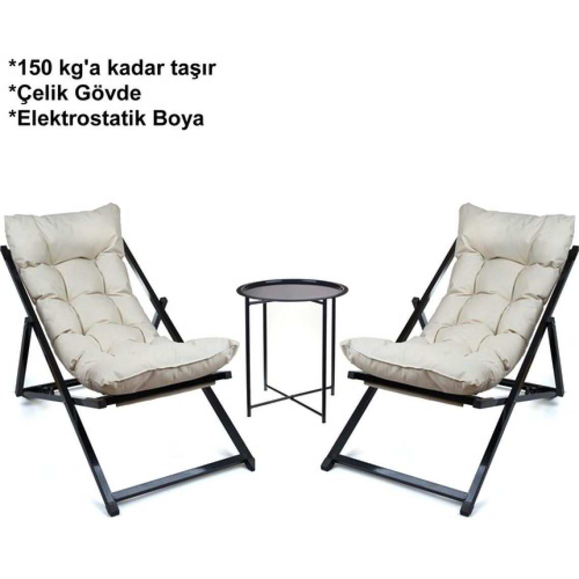 Hastunç Minderli - Cora Şezlong Seti Bahçe&balkon&teras&plaj Katlanır Ikili Set - 2 Şezlong 1 Sehpa