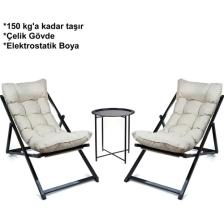 Hastunç Minderli - Cora Şezlong Seti Bahçe&balkon&teras&plaj Katlanır Ikili Set - 2 Şezlong 1 Sehpa