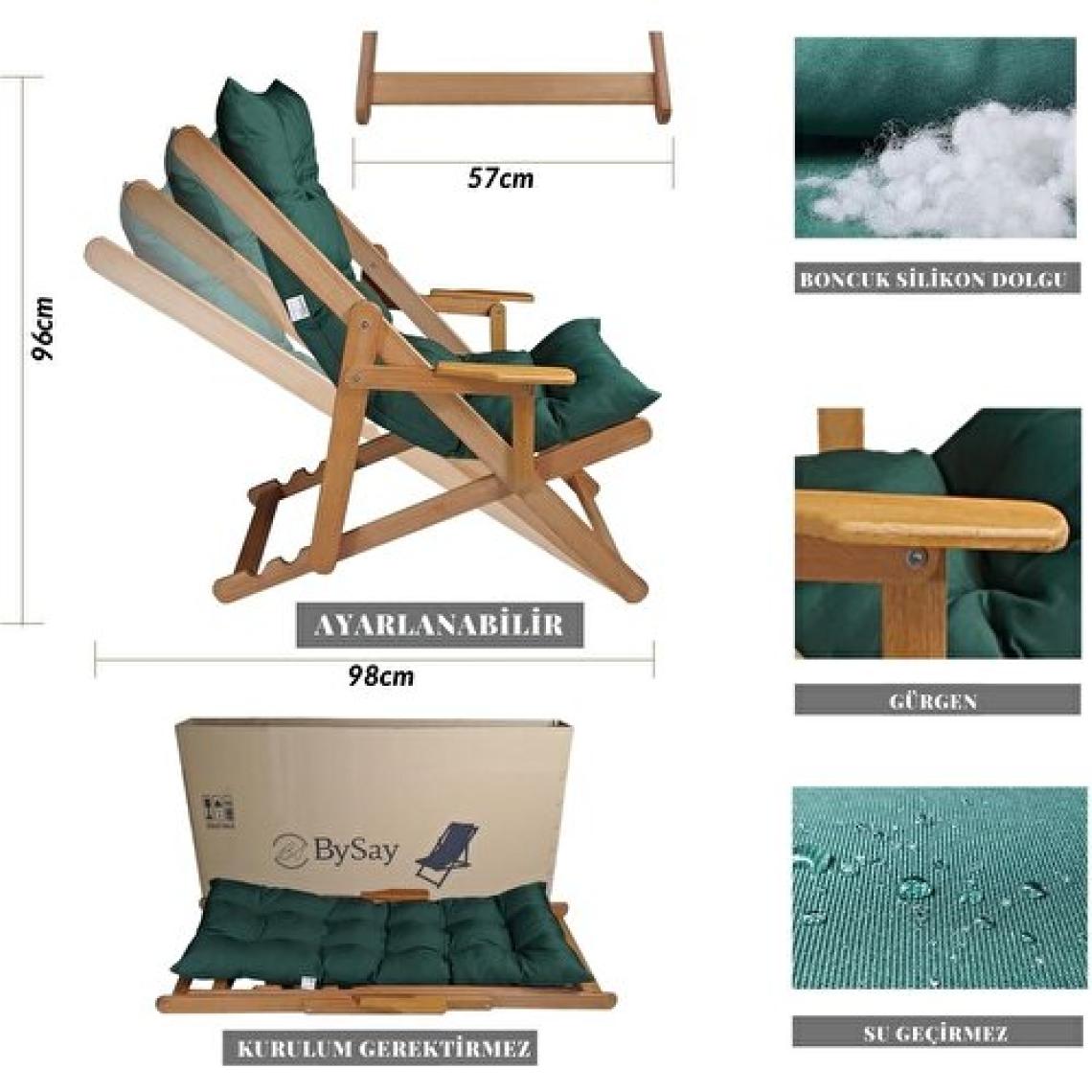 Bysay Ahşap Katlanabilir Taşınır Puf Minderli Kollu  Şezlong. Plaj, Bahçe, Teras, Balkon Için 3 Lü Set (Haki)