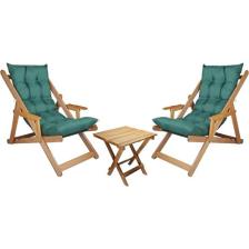 Bysay Ahşap Katlanabilir Taşınır Puf Minderli Kollu  Şezlong. Plaj, Bahçe, Teras, Balkon Için 3 Lü Set (Haki)