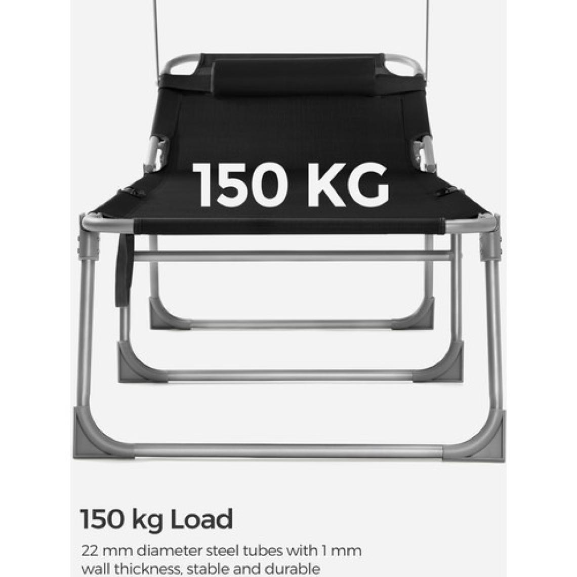 Songmıcs GCB192B01 Şezlong, Baş Destekli  Şezlongu, Sırtlık ve Güneş Şemsiyesi, Eğilebilir, Hafif, Katlanabilir, 53 x 193 x 29,5 Cm, Taşıma Kapasitesi 150 Kg, Bahçe, Siyah