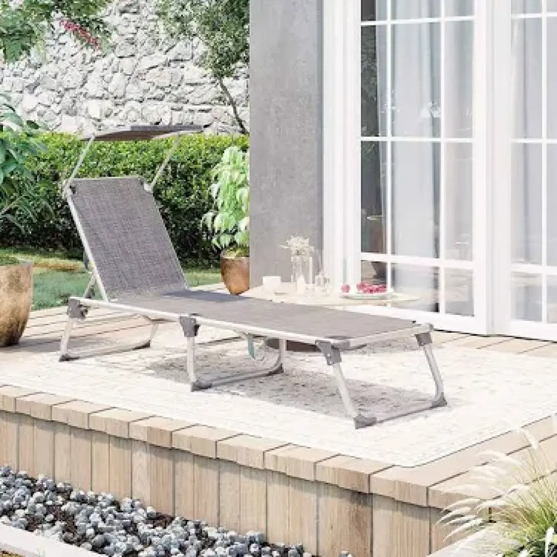 Songmics GCB19TG Ayarlanabilir ve Katlanabilir Gölgelikli Şezlong, 55X193X31 Cm, Gri Kırçıllı,