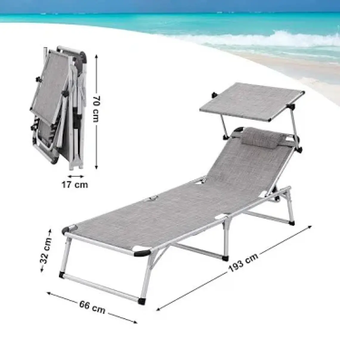 Songmics GCB19TG Ayarlanabilir ve Katlanabilir Gölgelikli Şezlong, 55X193X31 Cm, Gri Kırçıllı,