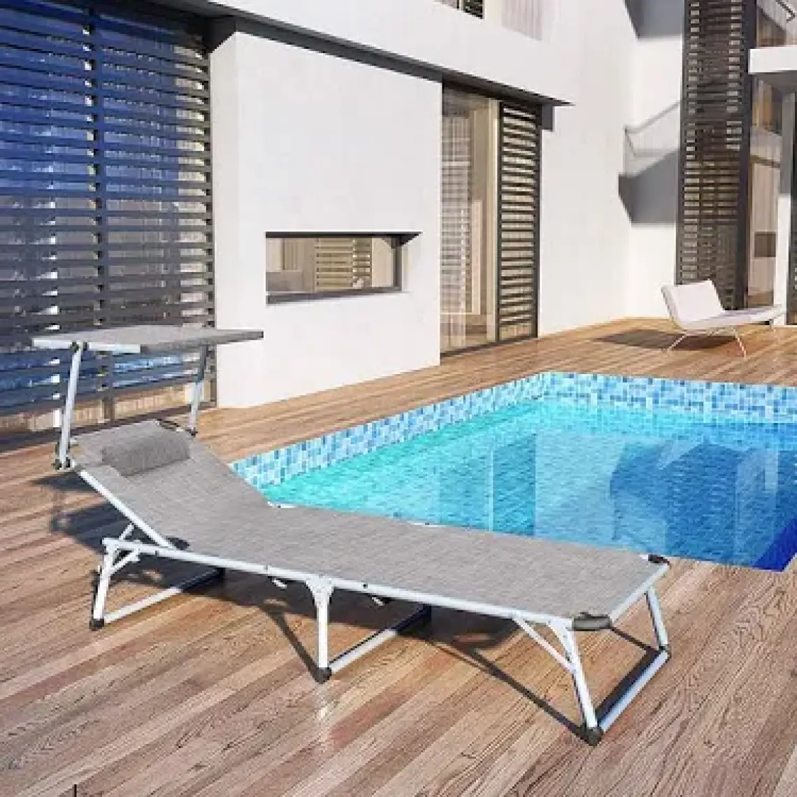 Songmics GCB19TG Ayarlanabilir ve Katlanabilir Gölgelikli Şezlong, 55X193X31 Cm, Gri Kırçıllı,