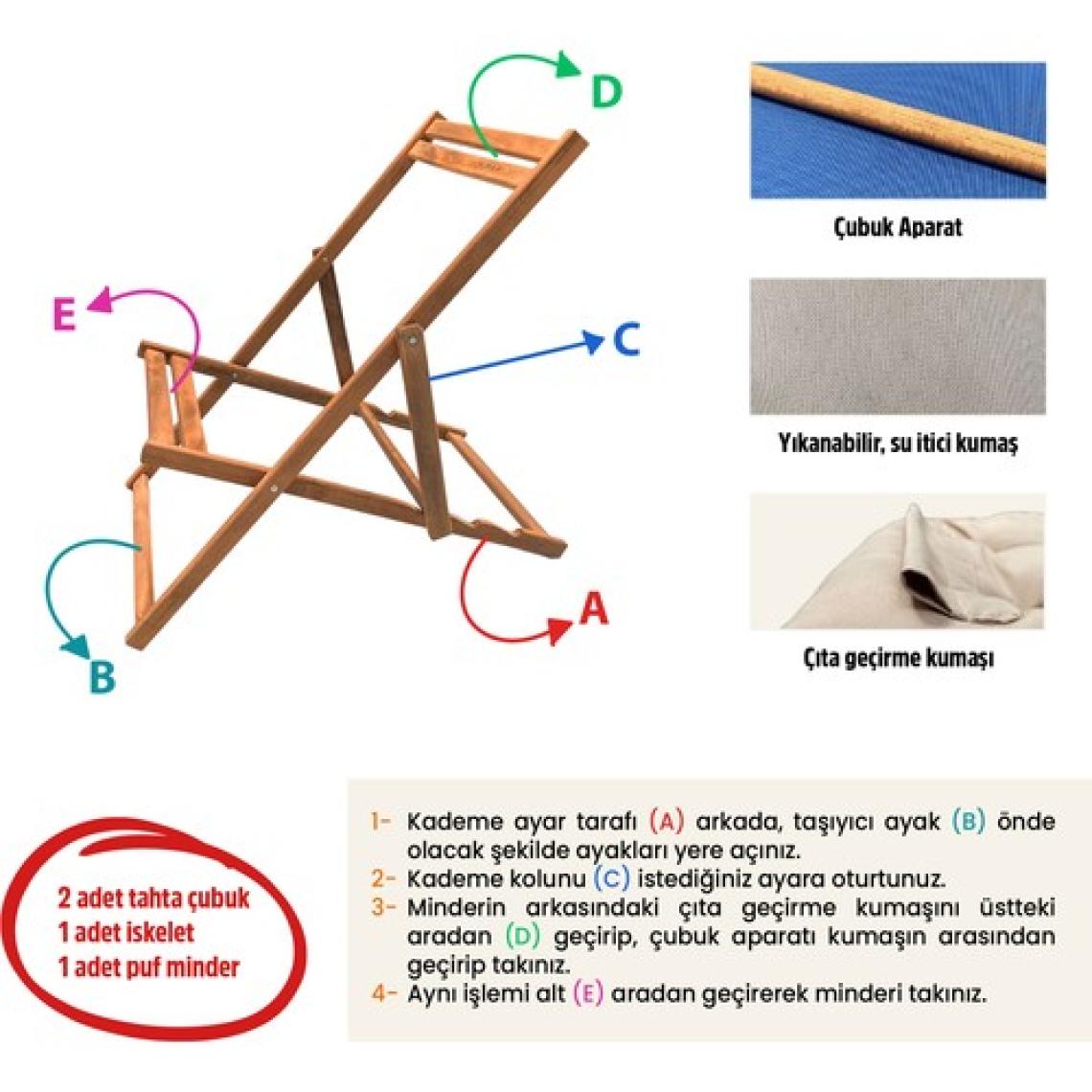 Evvon Ahşap Puf Minderli Kademeli Şezlong Set