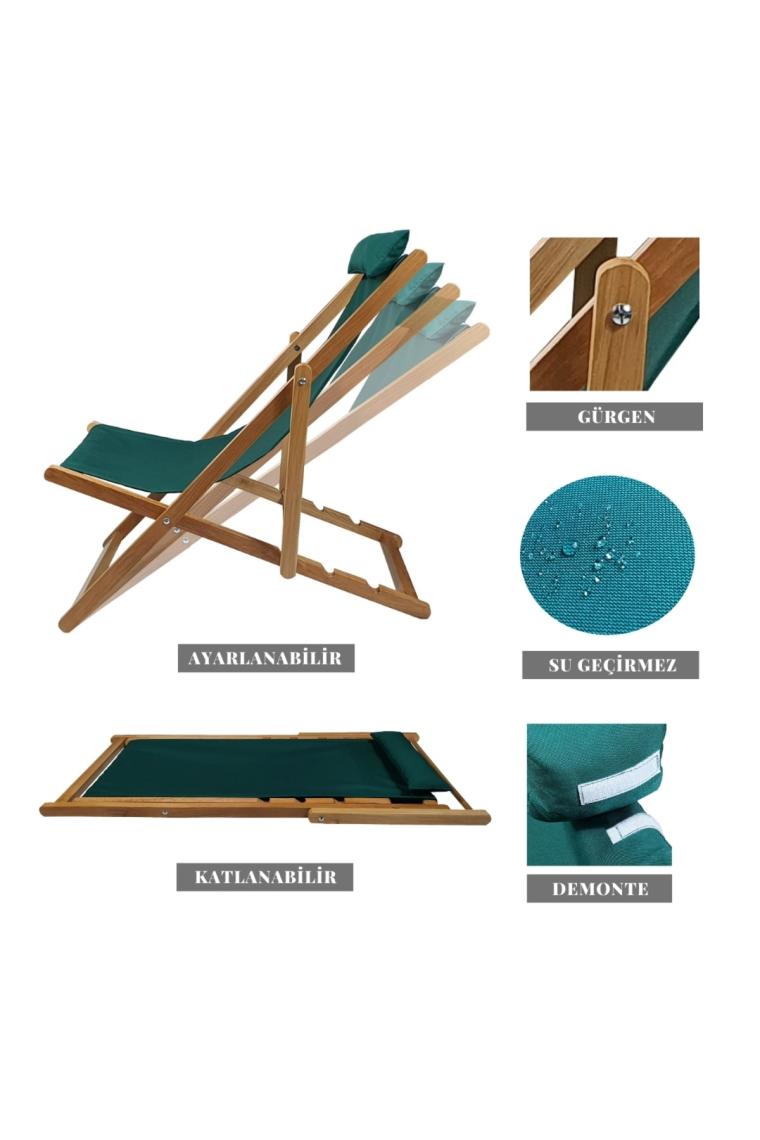 Ahşap Katlanabilir Taşınır Şezlong Plaj Bahçe Teras Balkon Şezlongu Krem