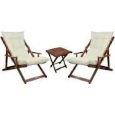 Bysay Ahşap Katlanabilir Taşınır Puf Minderli Kollu Şezlong. Plaj, Bahçe Için 3 Lü Set (Ceviz-Krem)