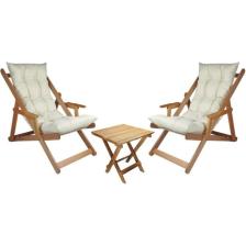 Bysay Ahşap Katlanabilir Taşınır Puf Minderli Kollu  Şezlong. Plaj, Bahçe, Teras, Balkon Için 3 Lü Set (Krem)