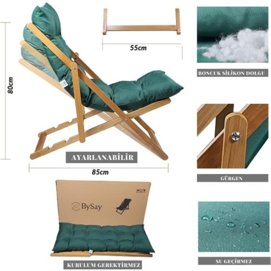 Bysay Ahşap Katlanabilir Taşınır Puf Minderli Şezlong. Plaj, Bahçe, Teras, Balkon Için 3 Lü Set (Krem)