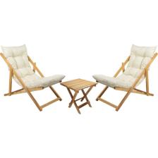 Bysay Ahşap Katlanabilir Taşınır Puf Minderli Şezlong. Plaj, Bahçe, Teras, Balkon Için 3 Lü Set (Krem)