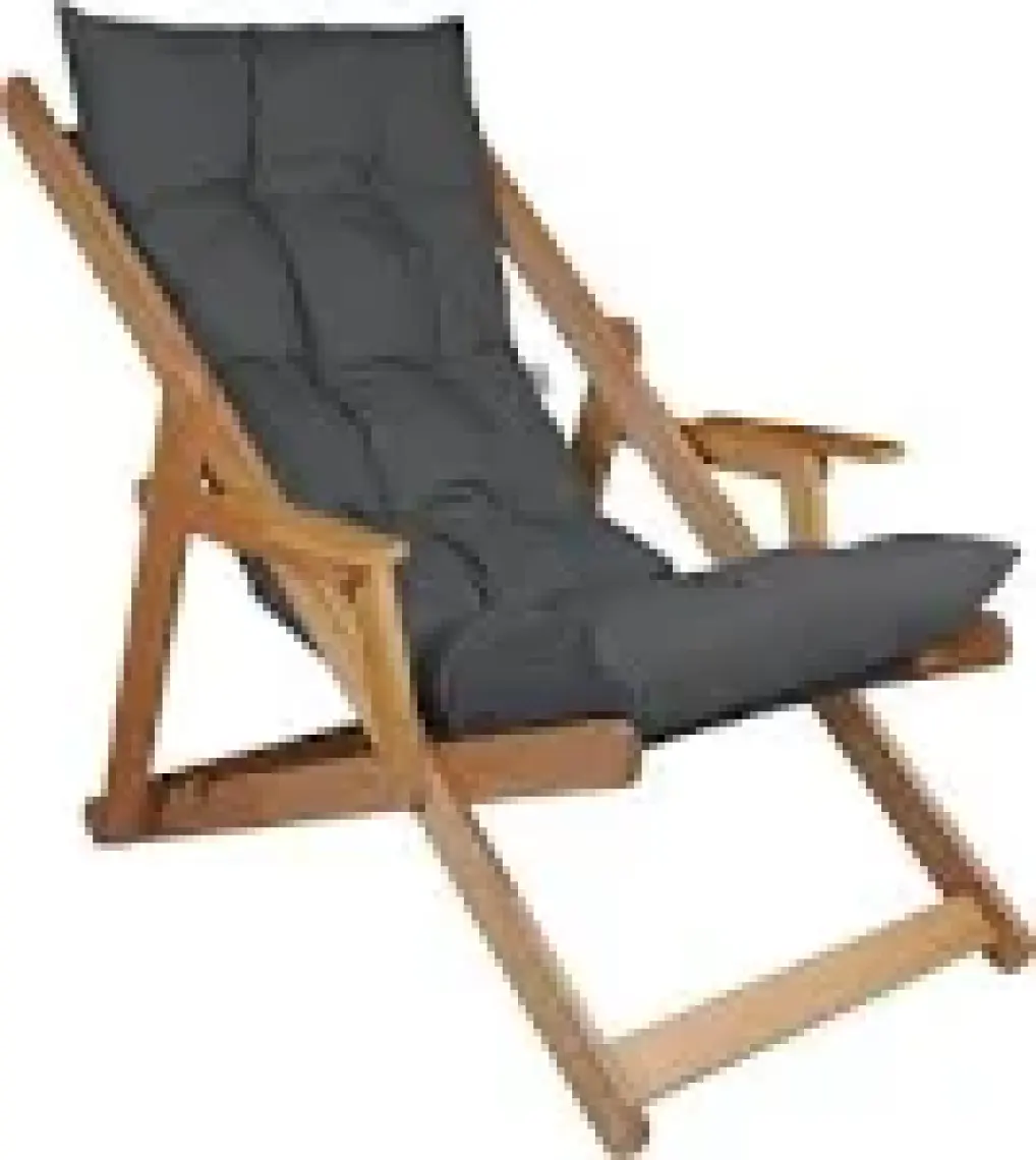 Bysay Ahşap Katlanabilir Taşınır Puf Minderli Kollu  Şezlong. Plaj, Bahçe, Teras, Balkon Için  (Antrasit)
