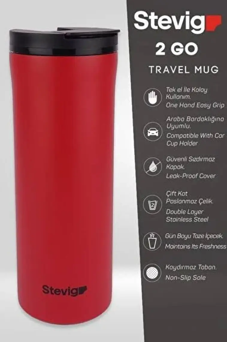 Stevig 2 Go Paslanmaz Çelik Termos Bardak 400 ml Travel Mug Red ST-203