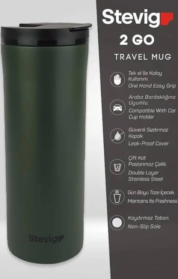 Stevig 2 Go Paslanmaz Çelik Termos Bardak 400 ml Travel Mug Green ST-204