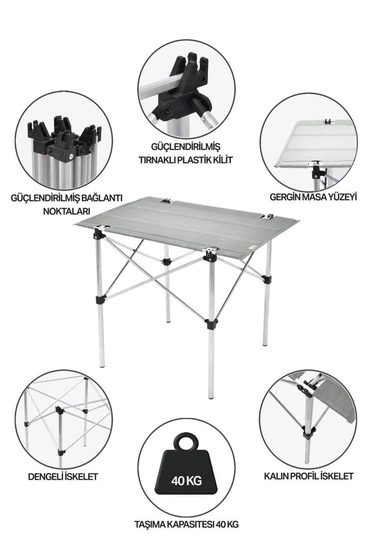 50x70 Cm Katlanabilir Kamp Masası, Piknik Bahçe Masası, Taşıma Çantalı Masa-gri