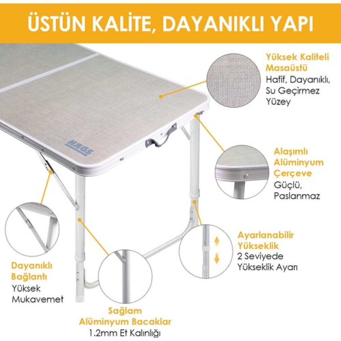 Haegs Portatif Kamp Masası, 2 Yükseklik Ayarlı, Katlanır Alüminyum Piknik Masası 80X50 Kumaş Desenli