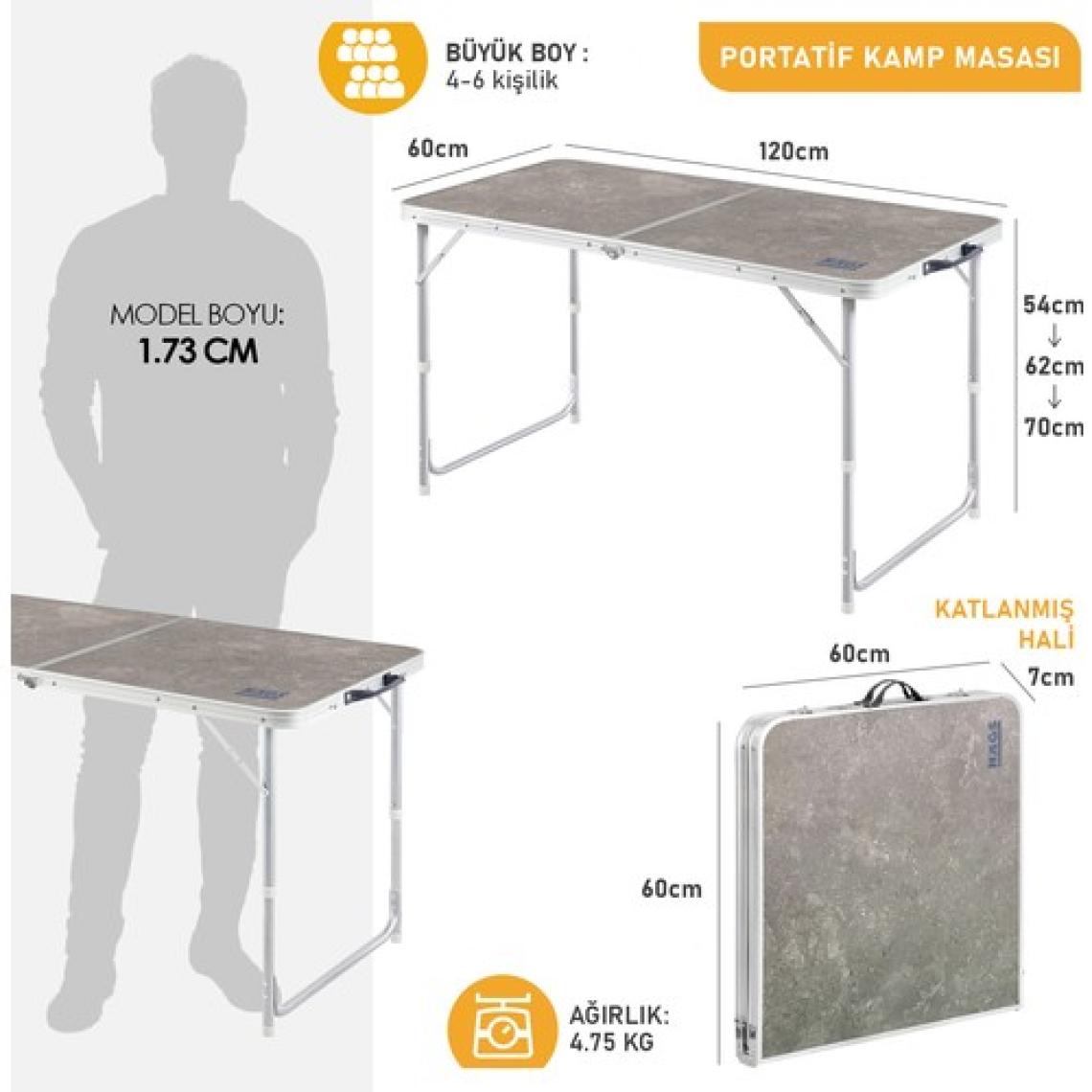 Haegs Portatif Kamp Masası, 3 Yükseklik Ayarlı Katlanır Alüminyum Piknik Masası 120X60 Kumaş Desenli