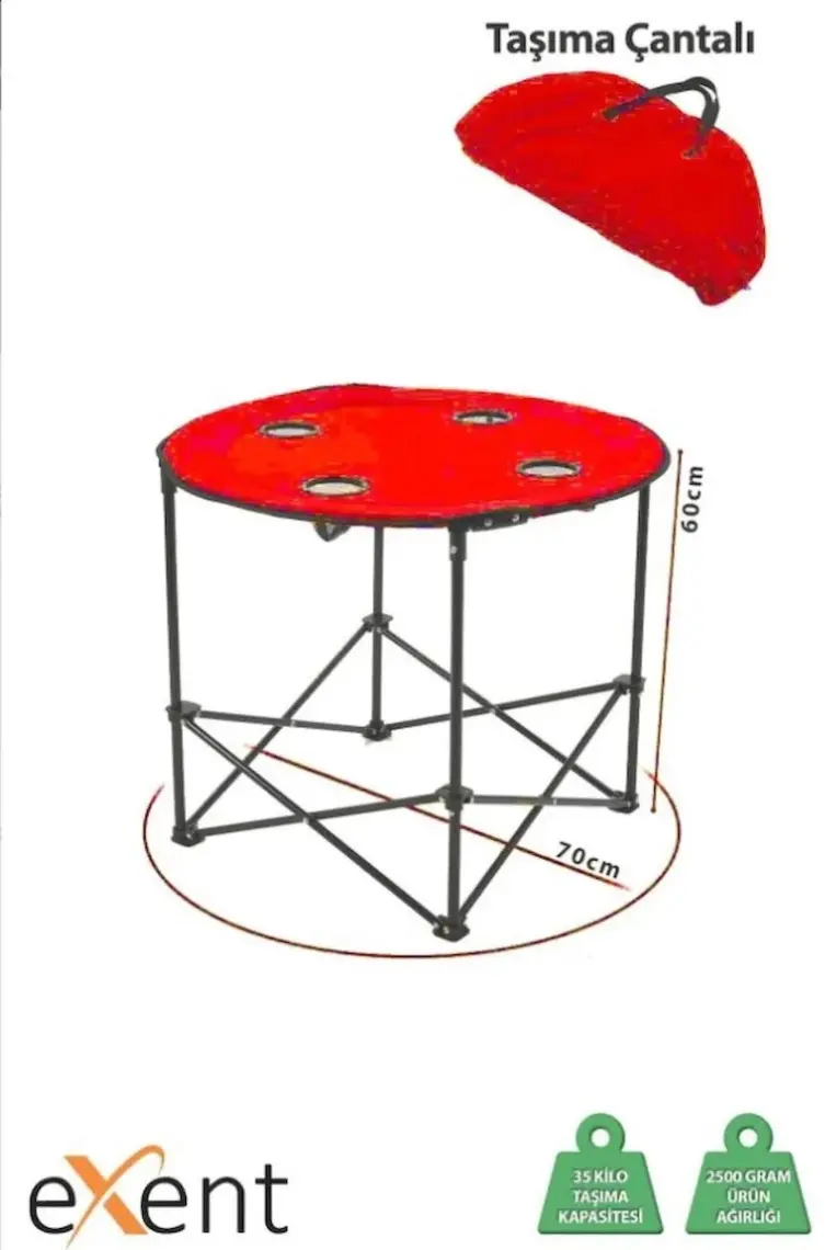 Exent 70 x 60 cm Yuvarlak Katlanır Taşıma Çantalı Kamp Masası, Piknik Masası-Kırmızı