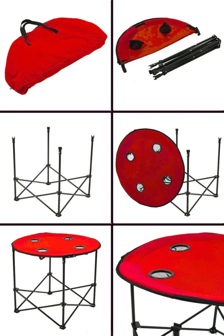Exent 70 x 60 cm Yuvarlak Katlanır Taşıma Çantalı Kamp Masası, Piknik Masası-Kırmızı