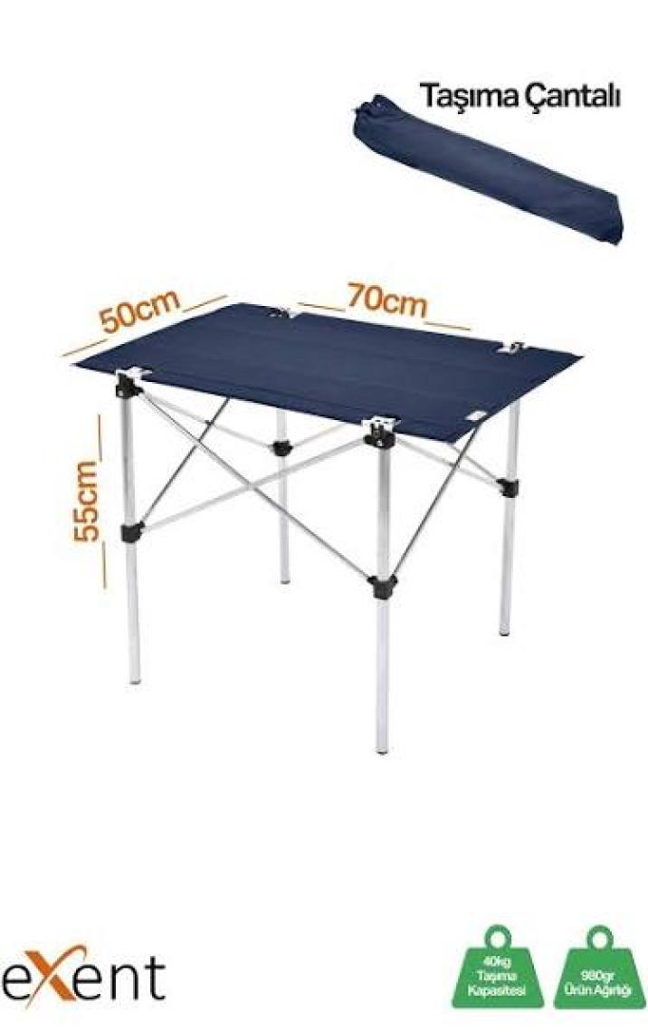 Exent 50X70 cm Kamp Masası Katlanabilir Masa, Piknik Bahçe Balkon Plaj Masası, Taşıma Çantalı Masa-Lacivert