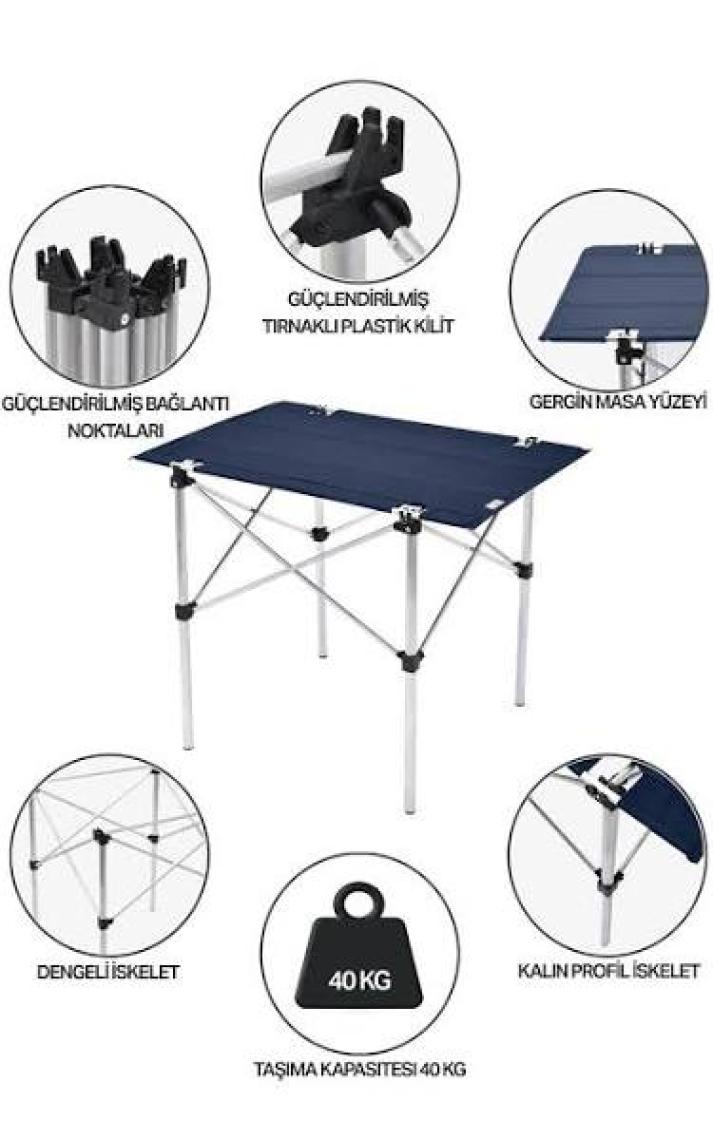 Exent 50X70 cm Kamp Masası Katlanabilir Masa, Piknik Bahçe Balkon Plaj Masası, Taşıma Çantalı Masa-Lacivert