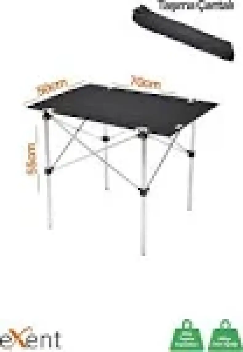 Exent 70X50 cm Tekstil Kamp Masası, Piknik, Bahçe Balkon Plaj Masası, Katlanır Taşıma Çantalı Masa Siyah