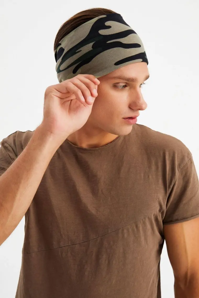 Butikgiz Kamuflaj Erkek Pamuklu Penye, Kaymaz, Ultra Hafif, Spor Geniş Saç Bandı Bandana Buff