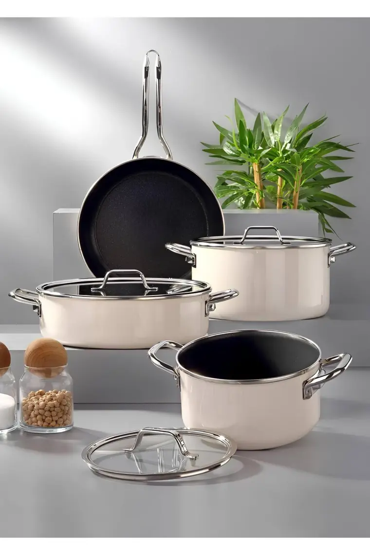 Bonera Lilium Krem 7 Parça Emaye Tencere & Tava Seti