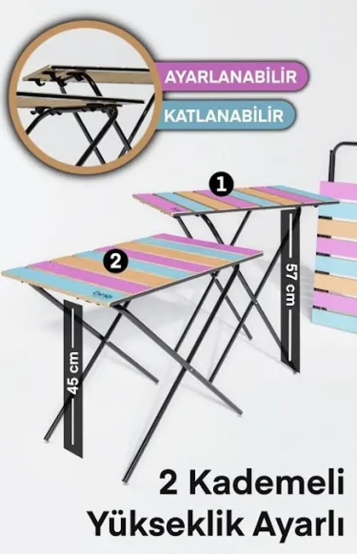Bino Katlanır Kamp Masası Yükseklik Ayarlı Ahşap Bahçe Kamp Piknik Balkon Sehpası Renkli