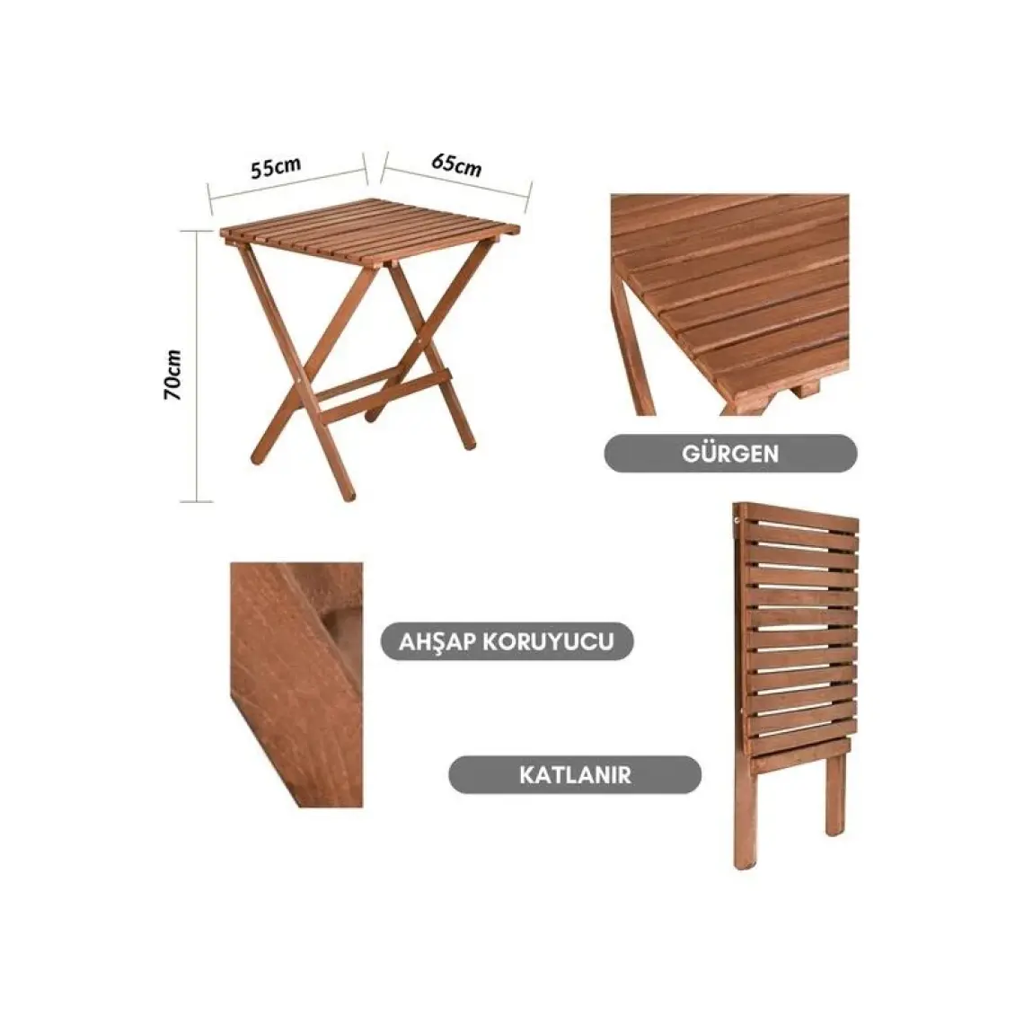 Bysay Ahşap Katlanır Minderli 3 Lü Bistro Set Mutfak Balkon Bahçe Masa Sandalye Seti (Ceviz-Gri)