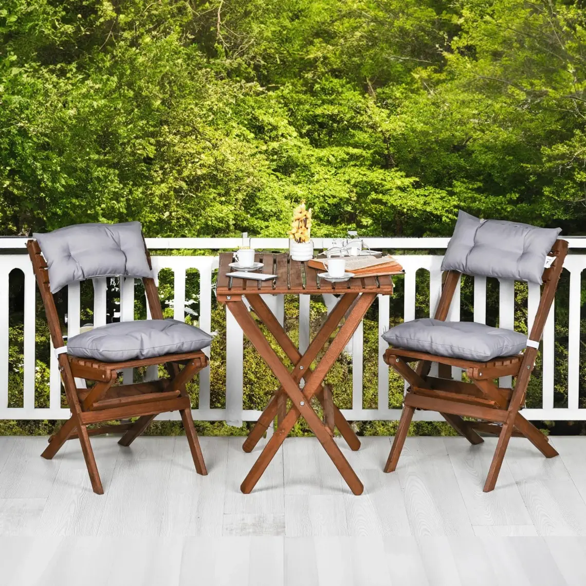 Bysay Ahşap Katlanır Minderli 3 Lü Bistro Set Mutfak Balkon Bahçe Masa Sandalye Seti (Ceviz-Gri)