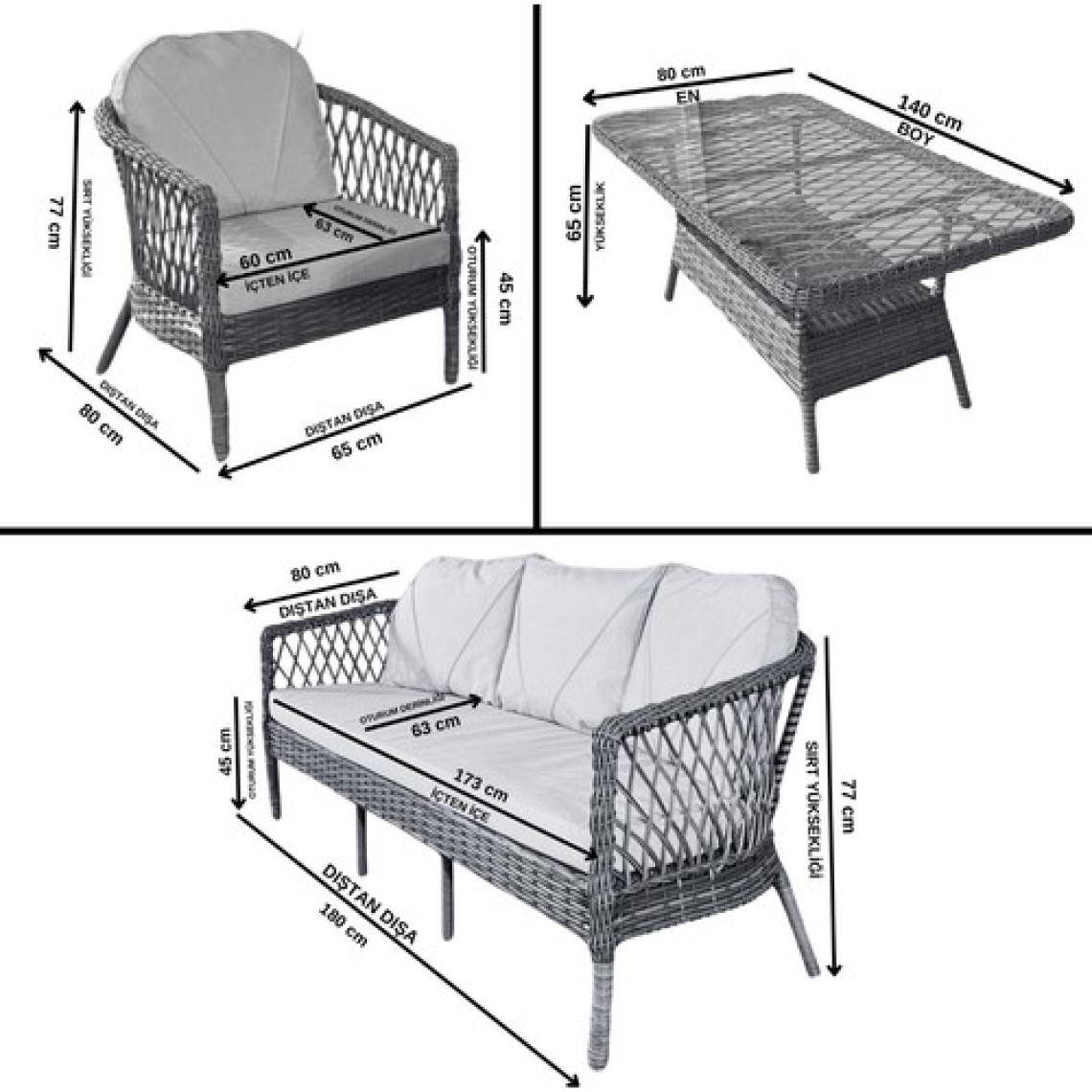 Monalin Home Garden Miami 5 Kişilik(3-1-1-Masa) Rattan Örgü Bahçe & Balkon & Teras Oturma Grubu Minderli & Camlı & Masalı Takım