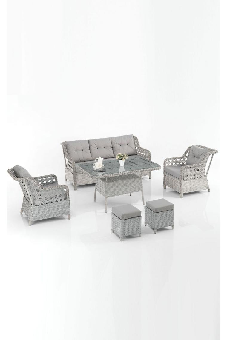 EVDEMO Eren Rattan Puflu Bahçe Balkon Takımı 3+1+1 Gri