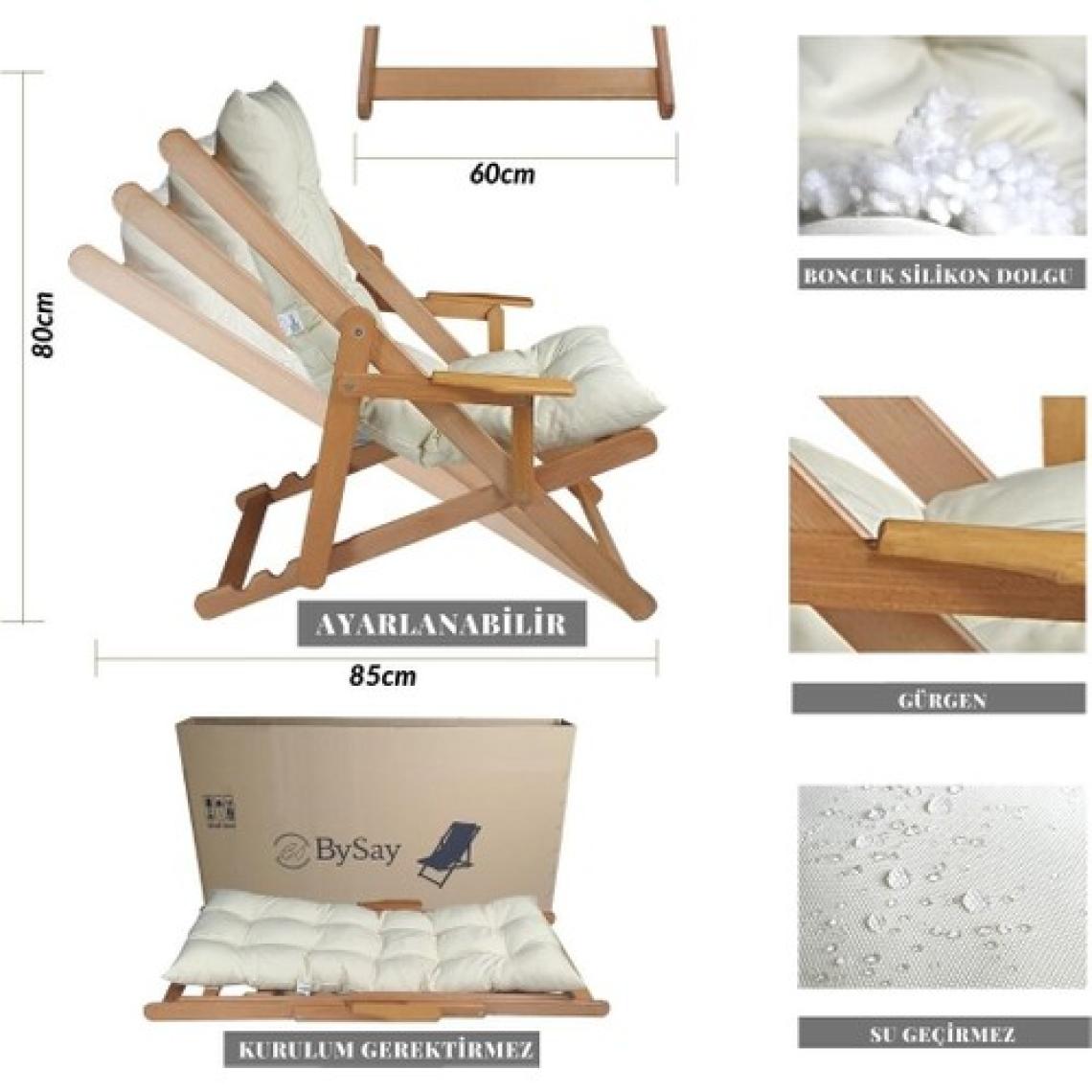 Bysay Ahşap Katlanabilir Taşınır Puf Minderli Kollu Şezlong Plaj Teras Balkon Bahçe Takımı 4 Lü Set (Krem)