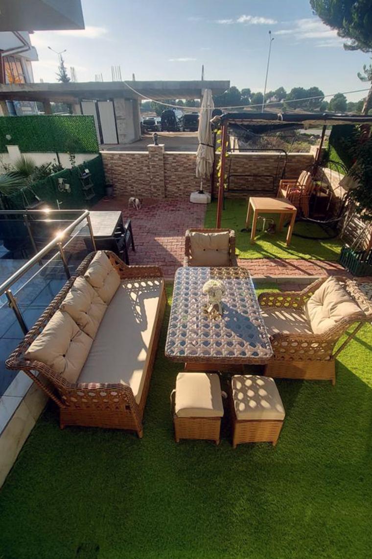 EVDEMO Eren Rattan Puflu Bahçe Balkon Takımı 3+1+1 Kahve