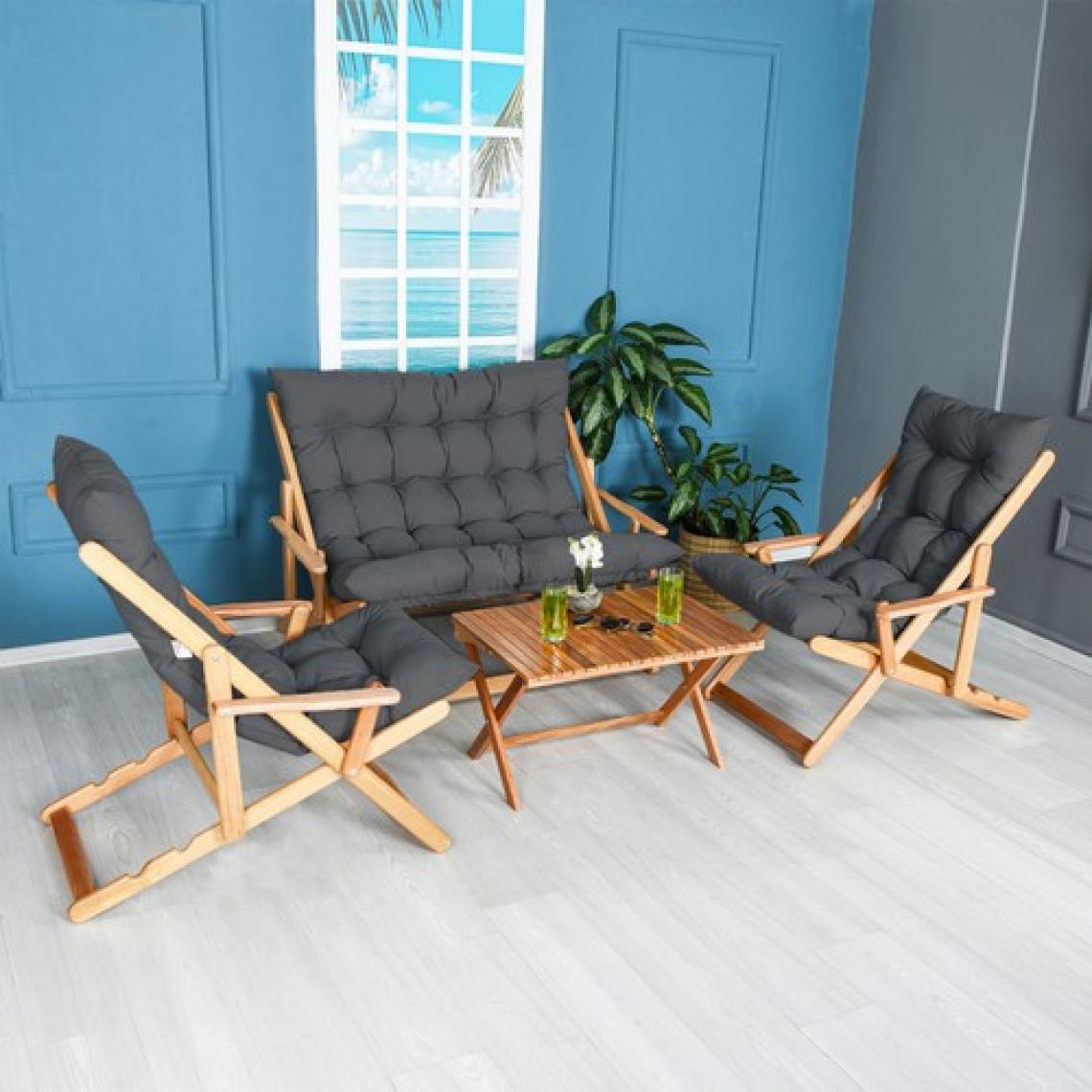 Bysay Ahşap Katlanabilir Taşınır Puf Minderli Kollu Şezlong Plaj Teras Balkon Bahçe Takımı 4 Lü Set (Antrasit)