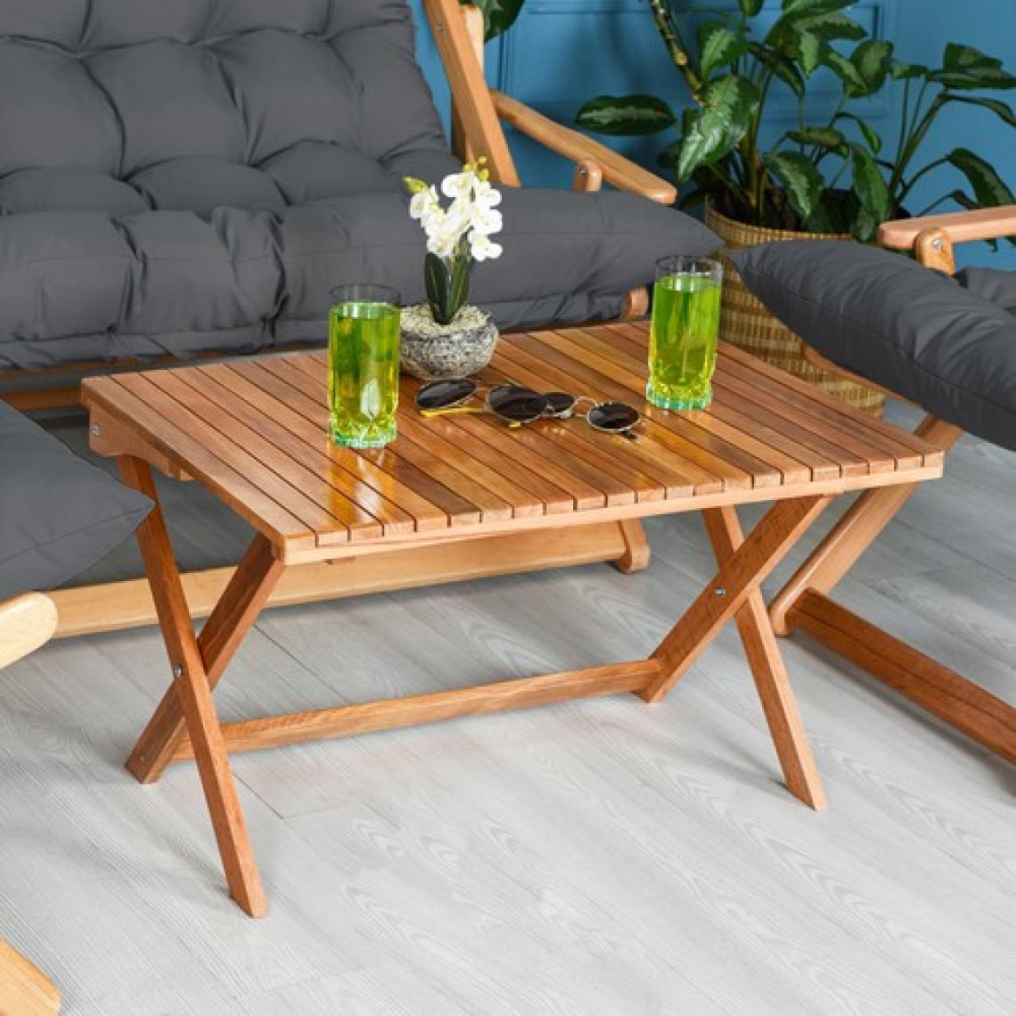 Bysay Ahşap Katlanabilir Taşınır Puf Minderli Kollu Şezlong Plaj Teras Balkon Bahçe Takımı 4 Lü Set (Antrasit)