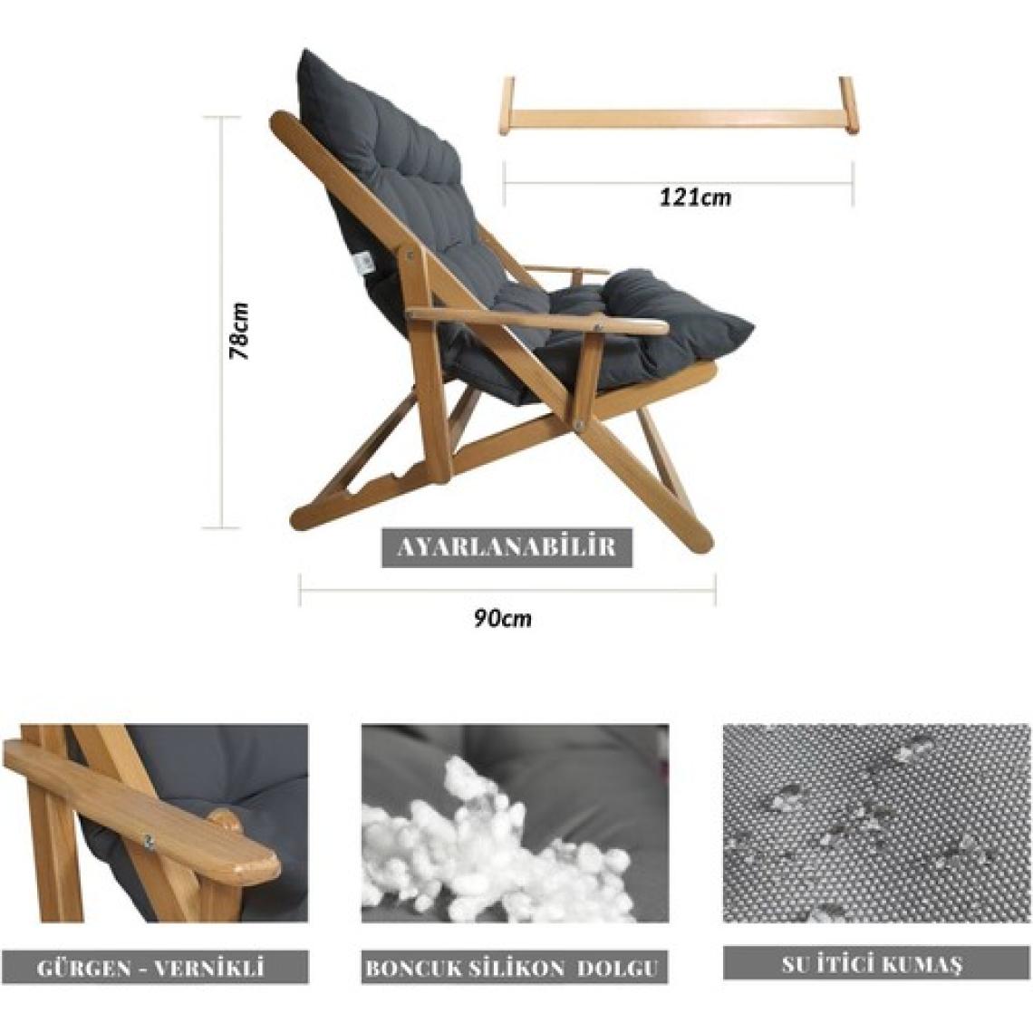 Bysay Ahşap Katlanabilir Taşınır Puf Minderli Kollu Şezlong Plaj Teras Balkon Bahçe Takımı 4 Lü Set (Antrasit)