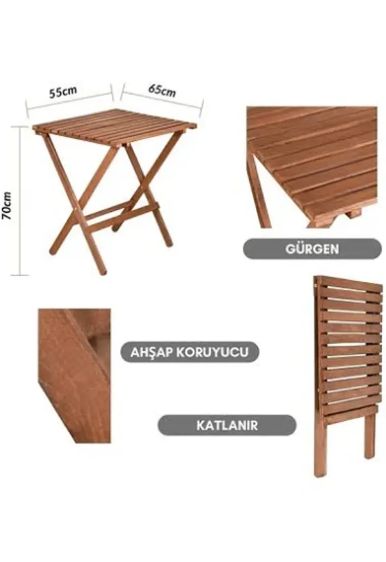 Bysay Ahşap Katlanır 3 Lü Bistro Set Mutfak Balkon Bahçe Teras Masa Sandalye Seti (Ceviz Renk)