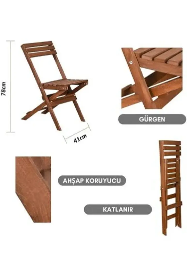 Bysay Ahşap Katlanır 3 Lü Bistro Set Mutfak Balkon Bahçe Teras Masa Sandalye Seti (Ceviz Renk)