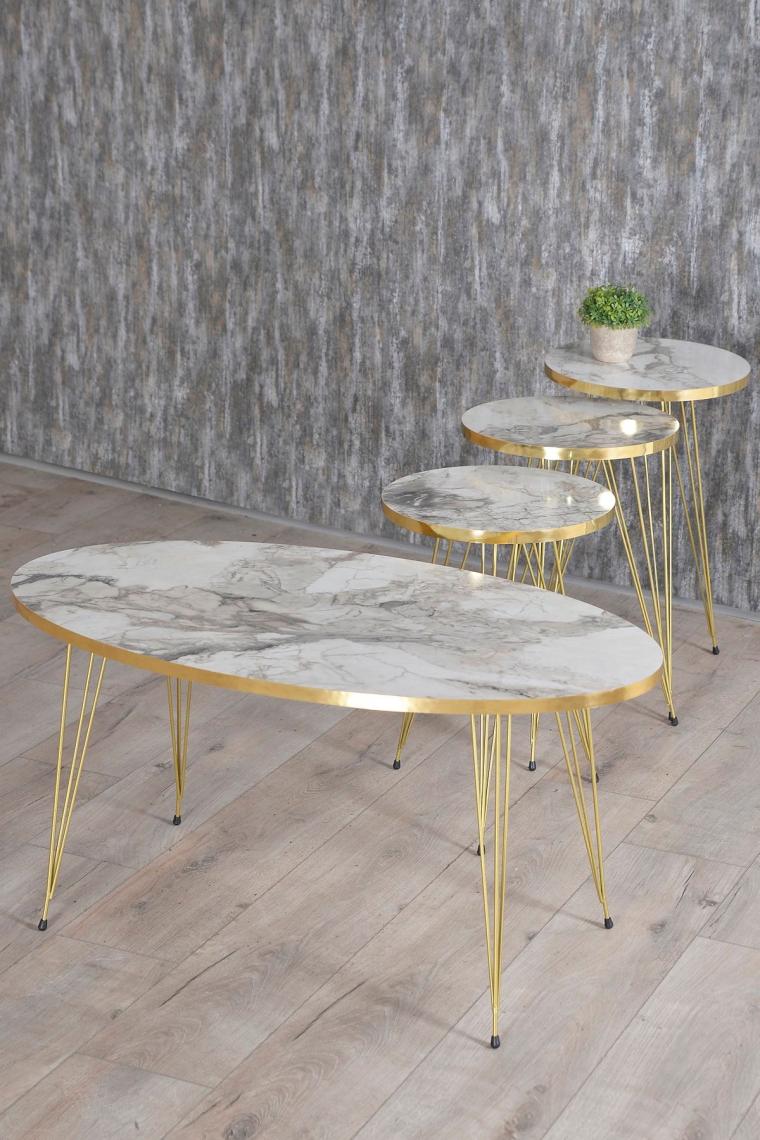 Pazarella Zigon Sehpa ve Orta Sehpa Elips Set Gold Efes Tel