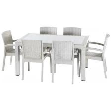 Violet Rattan Masa Takımı 80x140 Camlı Masa 6 Kişilik Rattan Sandalye Seti Bahçe Balkon Teras Takımı