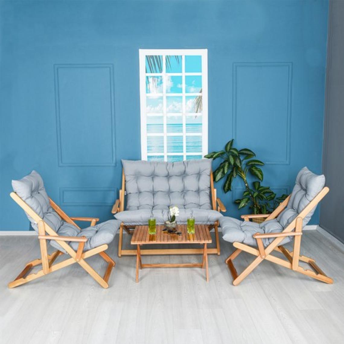 Bysay Ahşap Katlanabilir Taşınır Puf Minderli Kollu Şezlong Plaj Teras Balkon Bahçe Takımı 4 Lü Set (Gri)