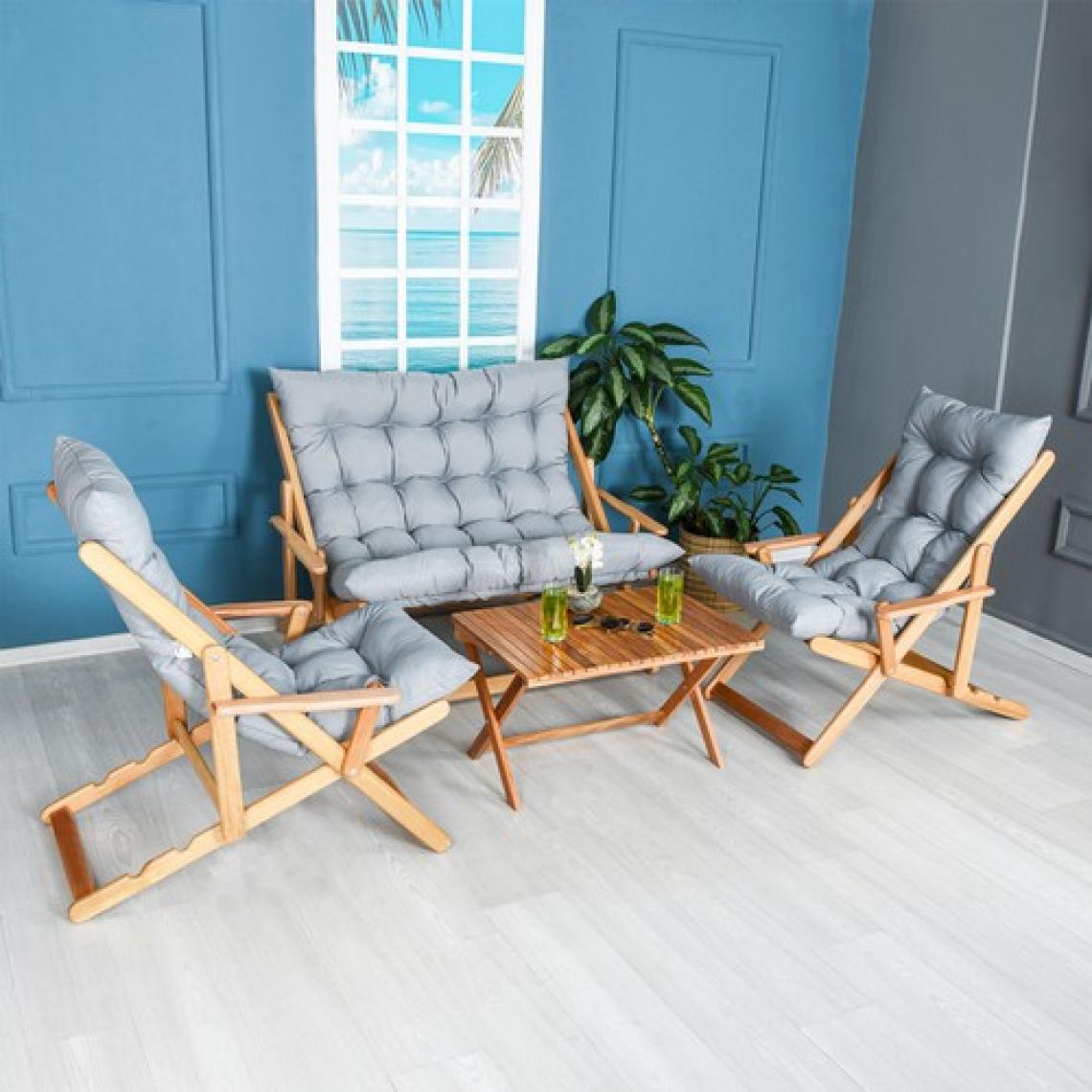 Bysay Ahşap Katlanabilir Taşınır Puf Minderli Kollu Şezlong Plaj Teras Balkon Bahçe Takımı 4 Lü Set (Gri)