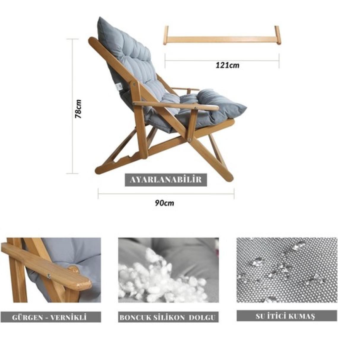 Bysay Ahşap Katlanabilir Taşınır Puf Minderli Kollu Şezlong Plaj Teras Balkon Bahçe Takımı 4 Lü Set (Gri)