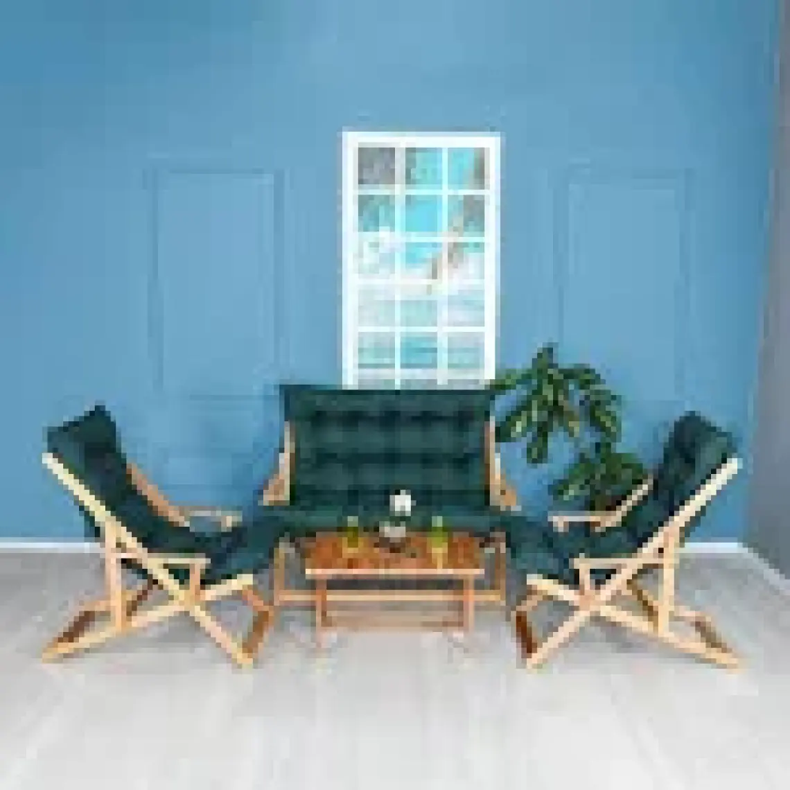 Bysay Ahşap Katlanabilir Taşınır Puf Minderli Kollu Şezlong Plaj Teras Balkon Bahçe Takımı 4 Lü Set (Yeşil)