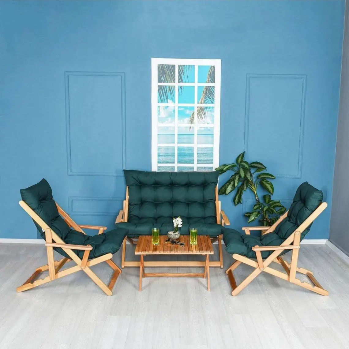 Bysay Ahşap Katlanabilir Taşınır Puf Minderli Kollu Şezlong Plaj Teras Balkon Bahçe Takımı 4 Lü Set (Yeşil)