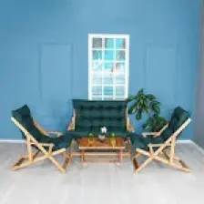 Bysay Ahşap Katlanabilir Taşınır Puf Minderli Kollu Şezlong Plaj Teras Balkon Bahçe Takımı 4 Lü Set (Yeşil)