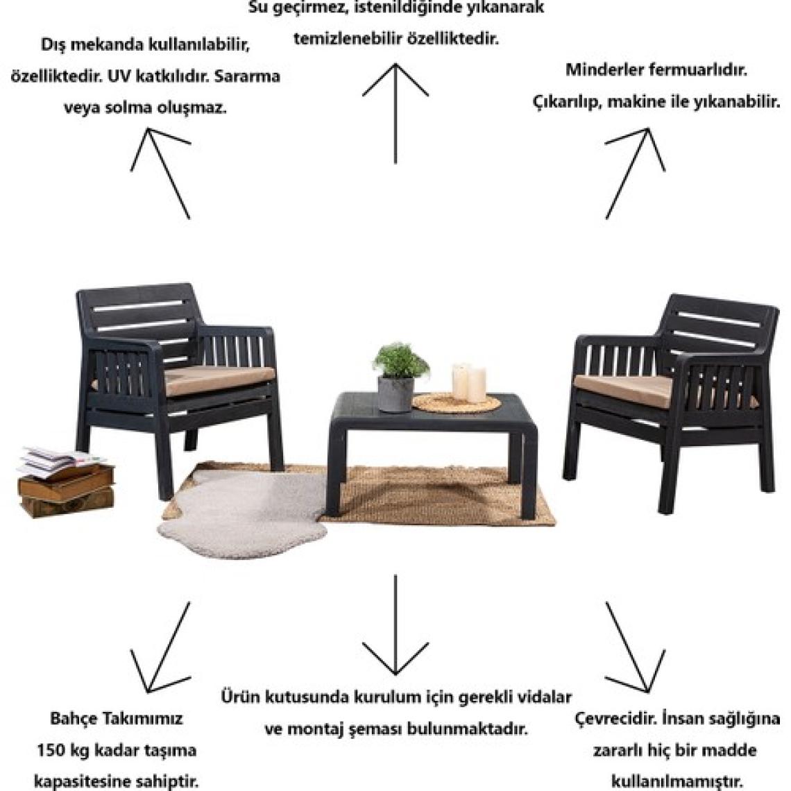 Mobetto Lara 1+1+S Bahçe Takımı Balkon - Bahçe - Teras Mobilyası / Antrasit